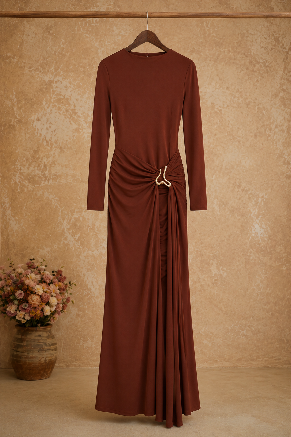 Ambre – Chocolate Brown Long-Sleeve Maxi Gown